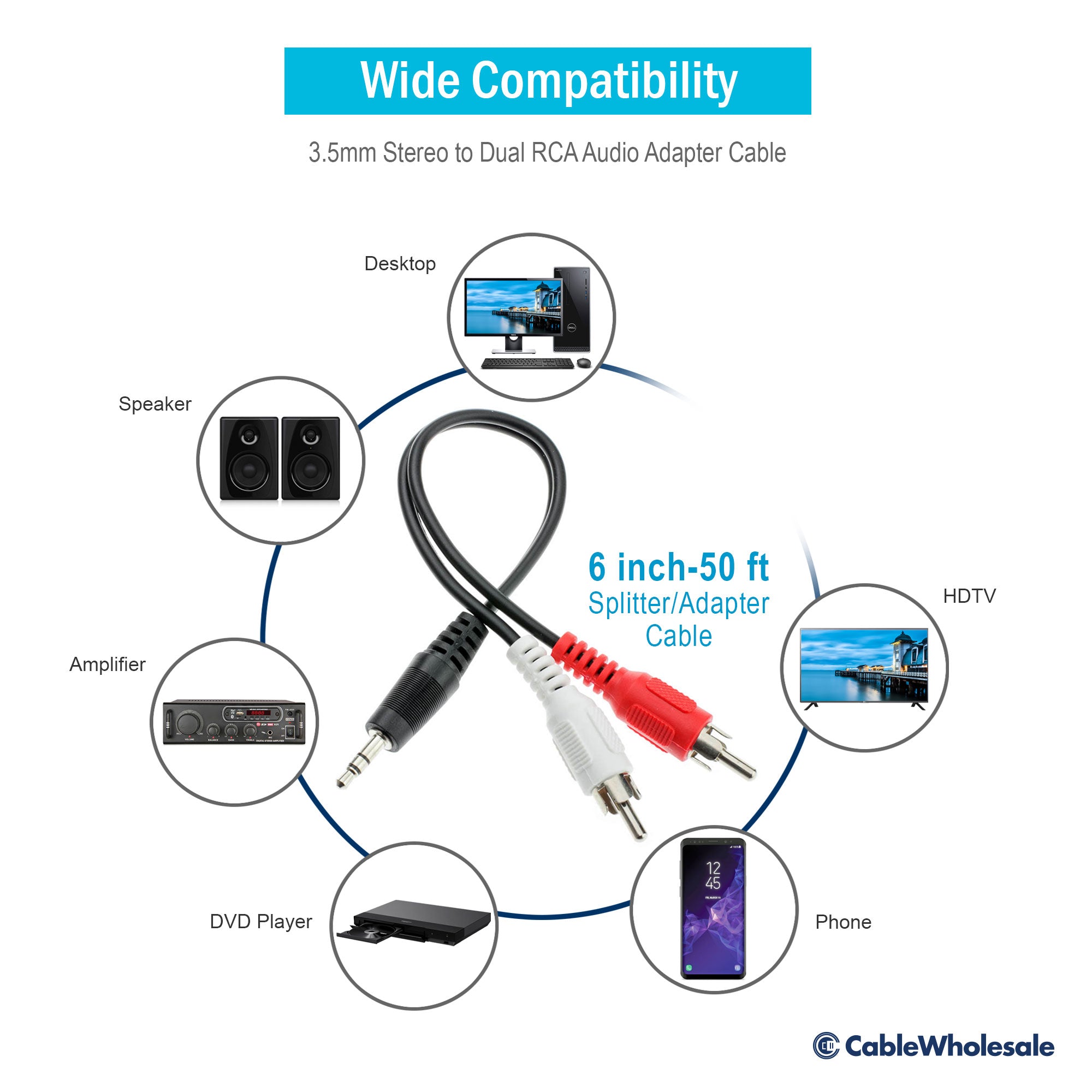 3.5mm to RCA Cable, Male Stereo Y Splitter RCA Cord Compatible with Smartphone, MP3, Tablet, Mixers, Amplifiers, Speaker, HDTV