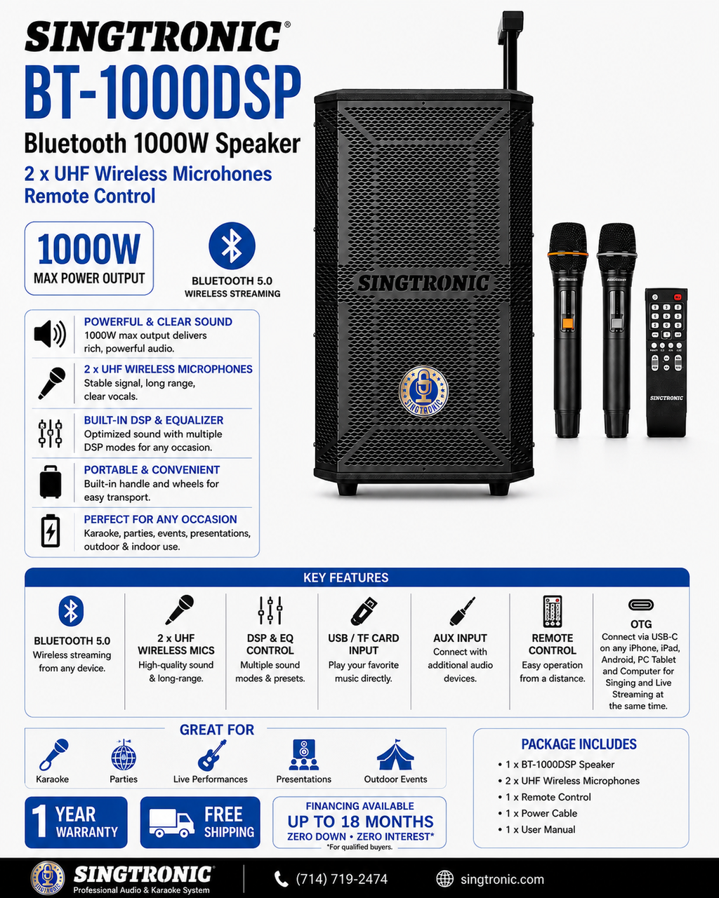 Singtronic BT-1000DSP Professional Rechargeable DSP 12" Karaoke 1000W Speaker With 2 UHF Wireless Mic.