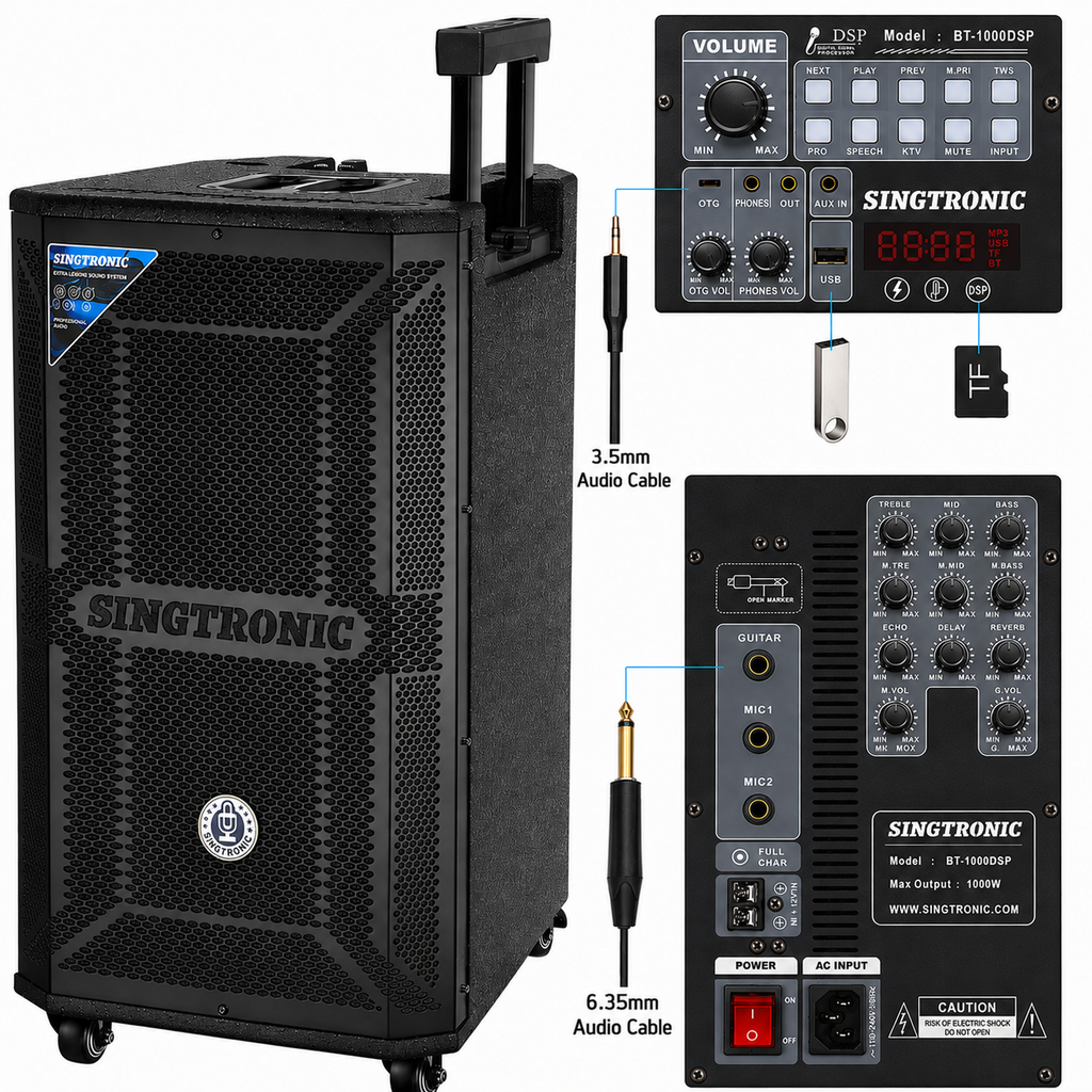 Singtronic BT-1000DSP Professional Rechargeable DSP 12" Karaoke 1000W Speaker With 2 UHF Wireless Mic.