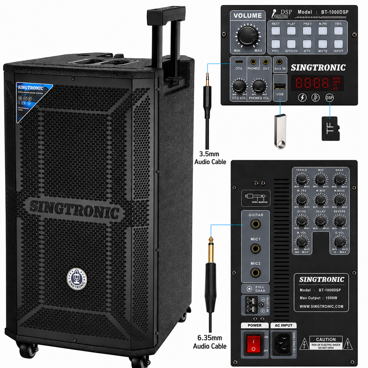 Singtronic BT-1000DSP Professional Rechargeable DSP 12" Karaoke 1000W Speaker With 2 UHF Wireless Mic.