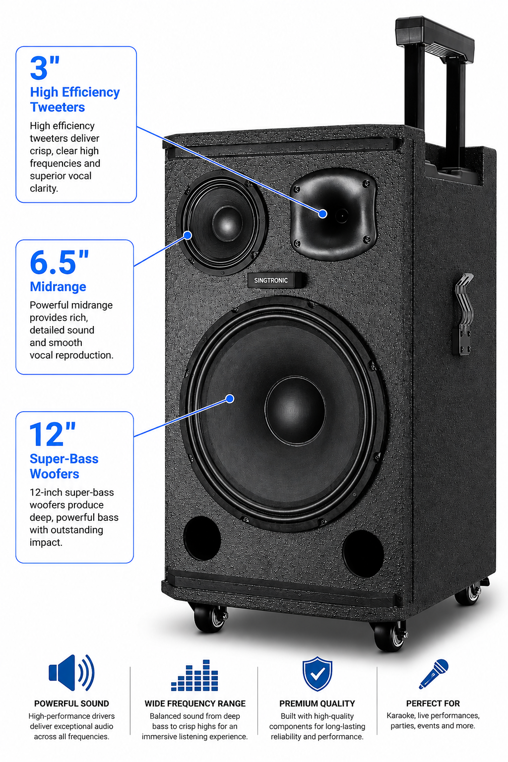 Singtronic BT-1000DSP Professional Rechargeable DSP 12" Karaoke 1000W Speaker With 2 UHF Wireless Mic.