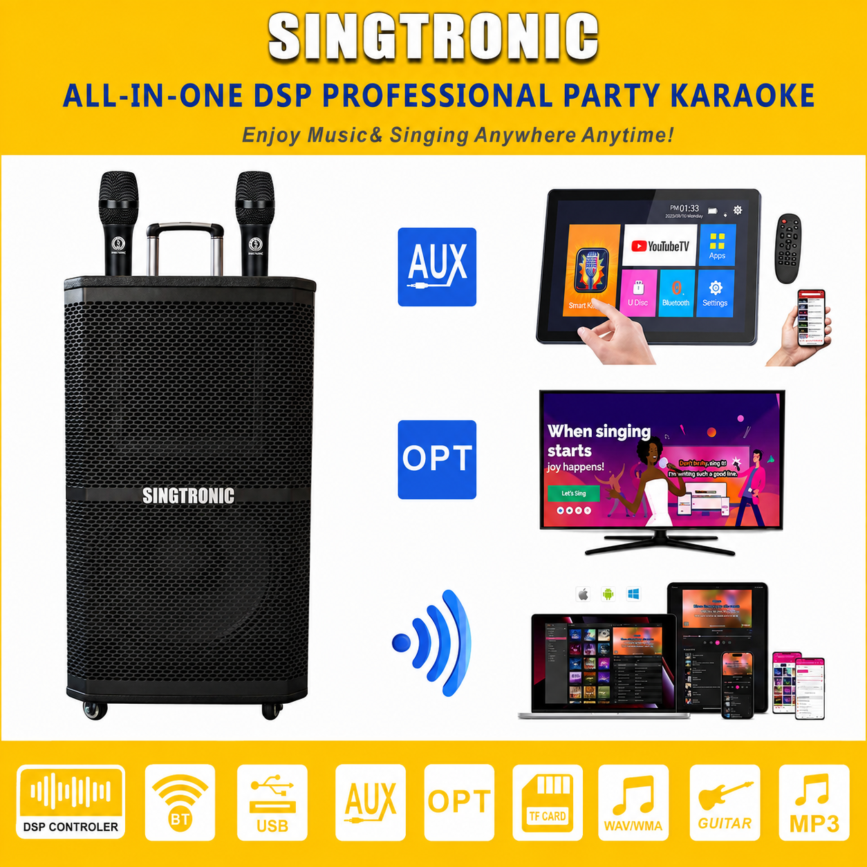 Singtronic BT-1200DSP Professional Rechargeable DSP 12" Karaoke 1200W Speaker With 2 UHF Wireless Mic.