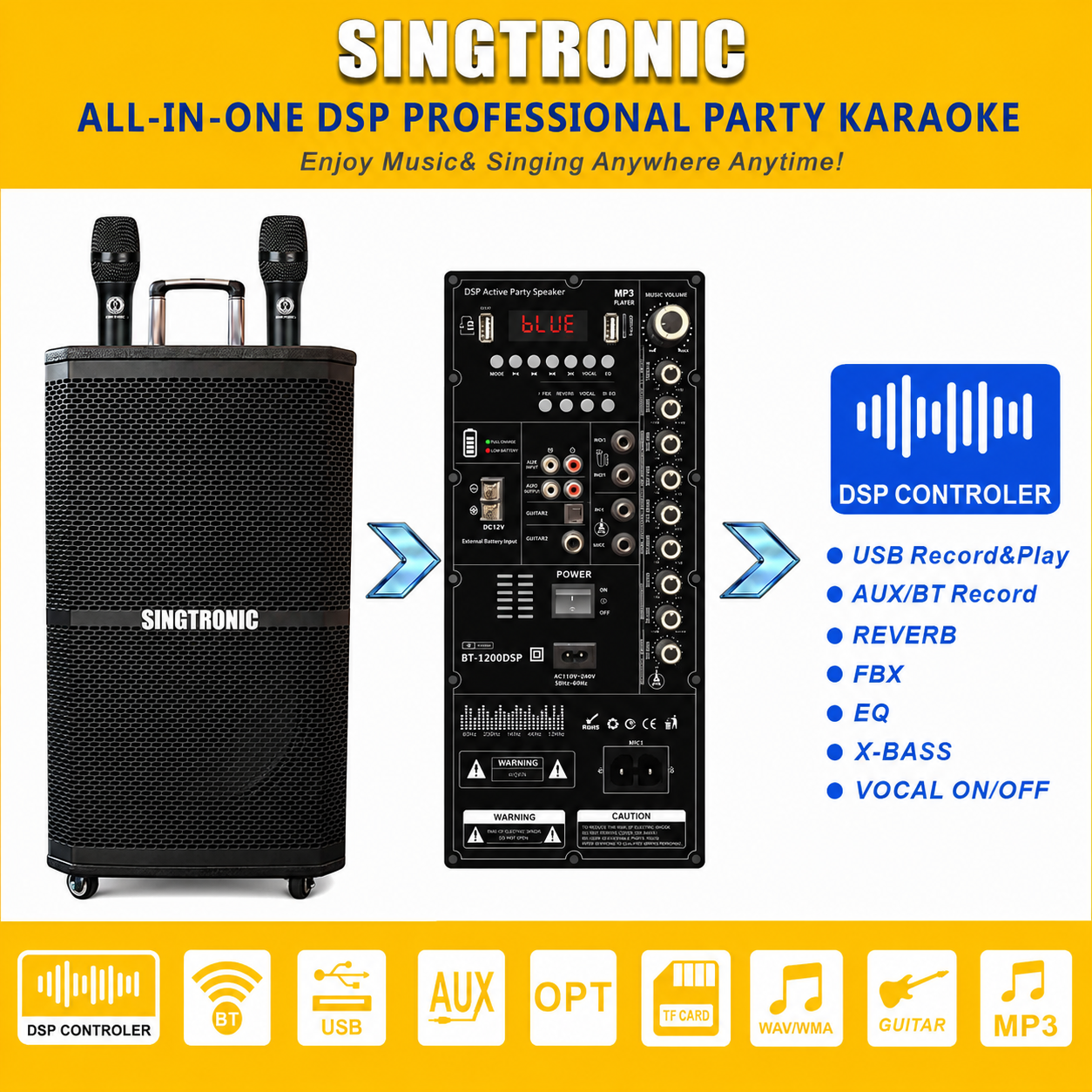 Singtronic BT-1200DSP Professional Rechargeable DSP 12" Karaoke 1200W Speaker With 2 UHF Wireless Mic.