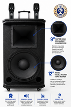 Singtronic BT-1200DSP Professional Rechargeable DSP 12" Karaoke 1200W Speaker With 2 UHF Wireless Mic.