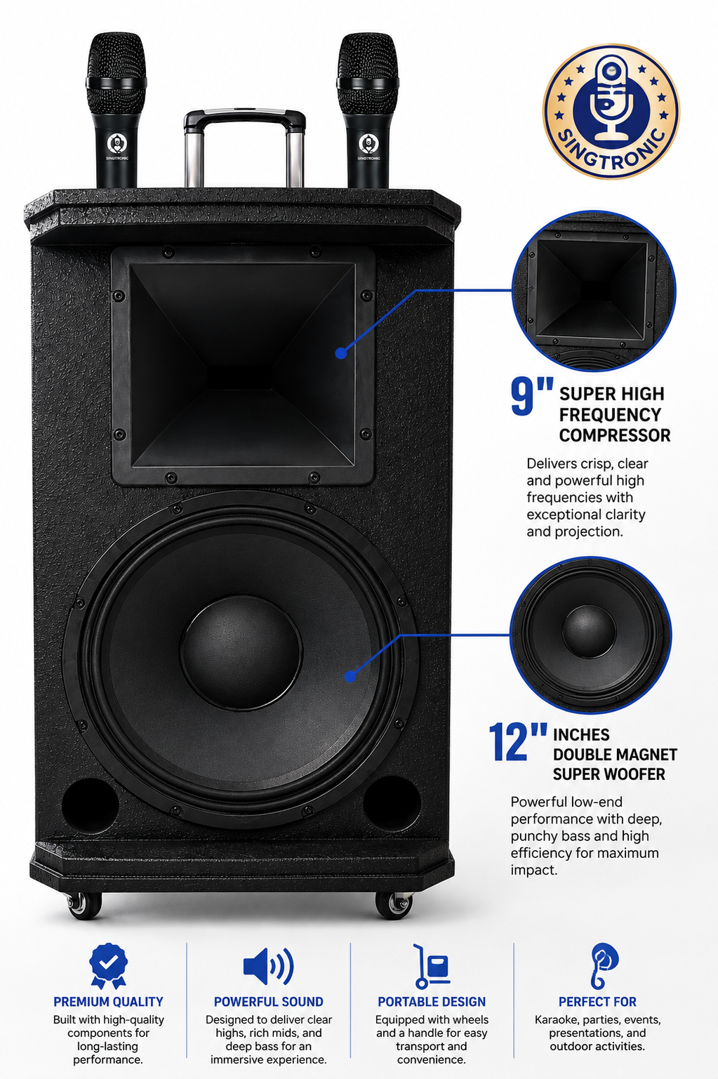 Singtronic BT-1200DSP Professional Rechargeable DSP 12" Karaoke 1200W Speaker With 2 UHF Wireless Mic.