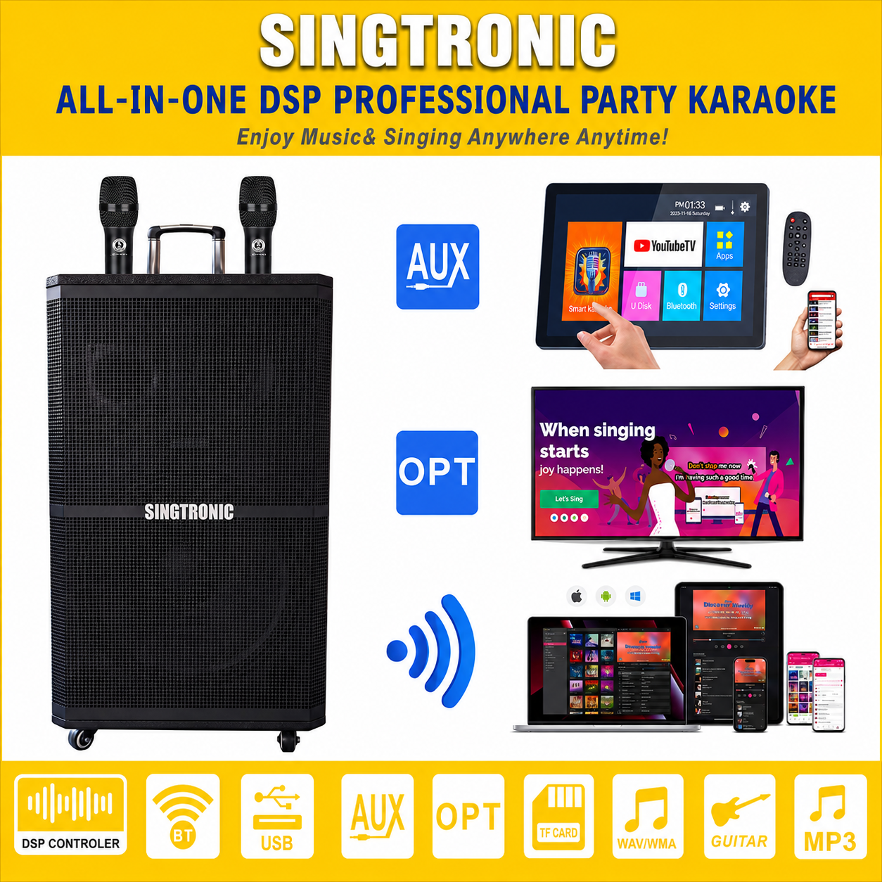 Singtronic BT-1500DSP Professional Rechargeable DSP 15" Karaoke Speaker With 2 UHF Wireless Mic.