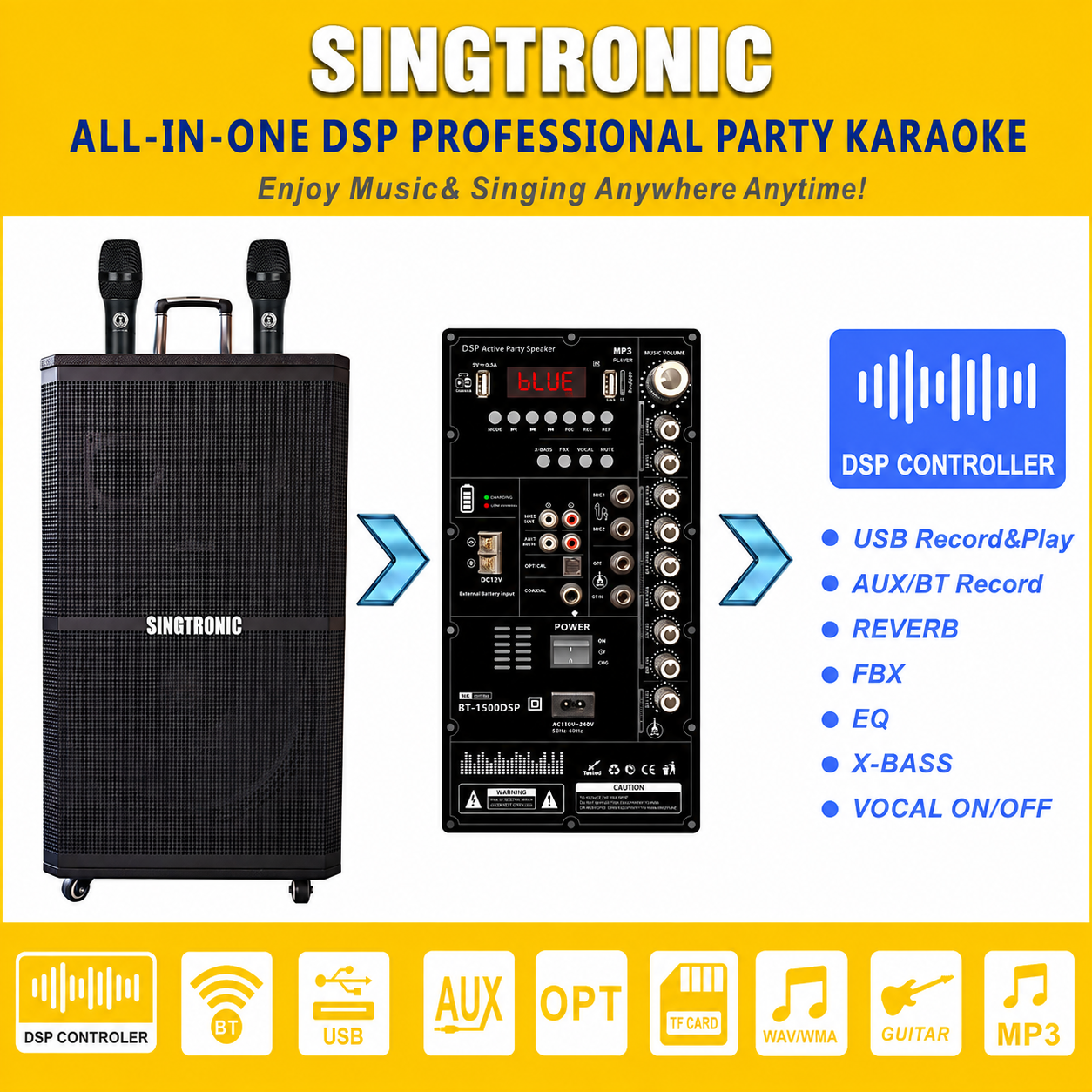 Singtronic BT-1500DSP Professional Rechargeable DSP 15" Karaoke Speaker With 2 UHF Wireless Mic.