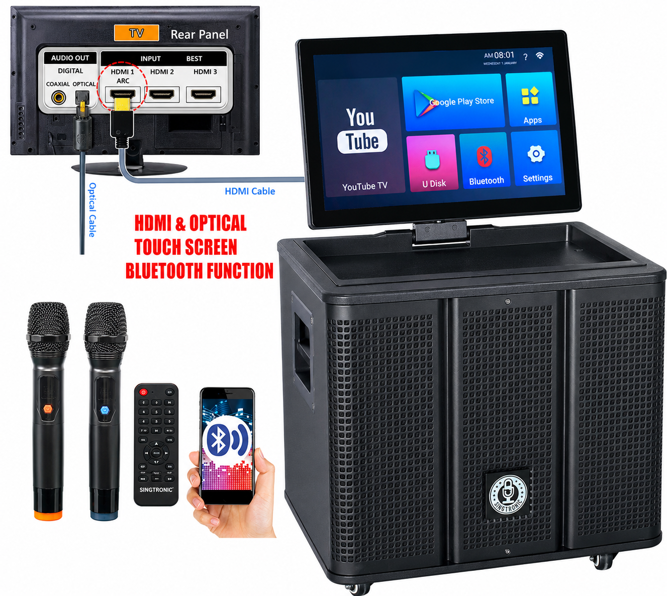 Singtronic BT-369Pro Professional 1000W Powered Portable All-in-One Karaoke System 16' Inches Touch Screen