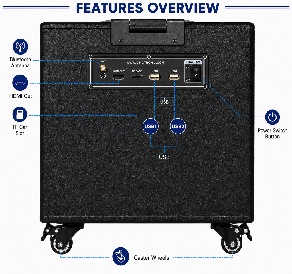 Singtronic BT-369Pro Professional 1000W Powered Portable All-in-One Karaoke System 16' Inches Touch Screen