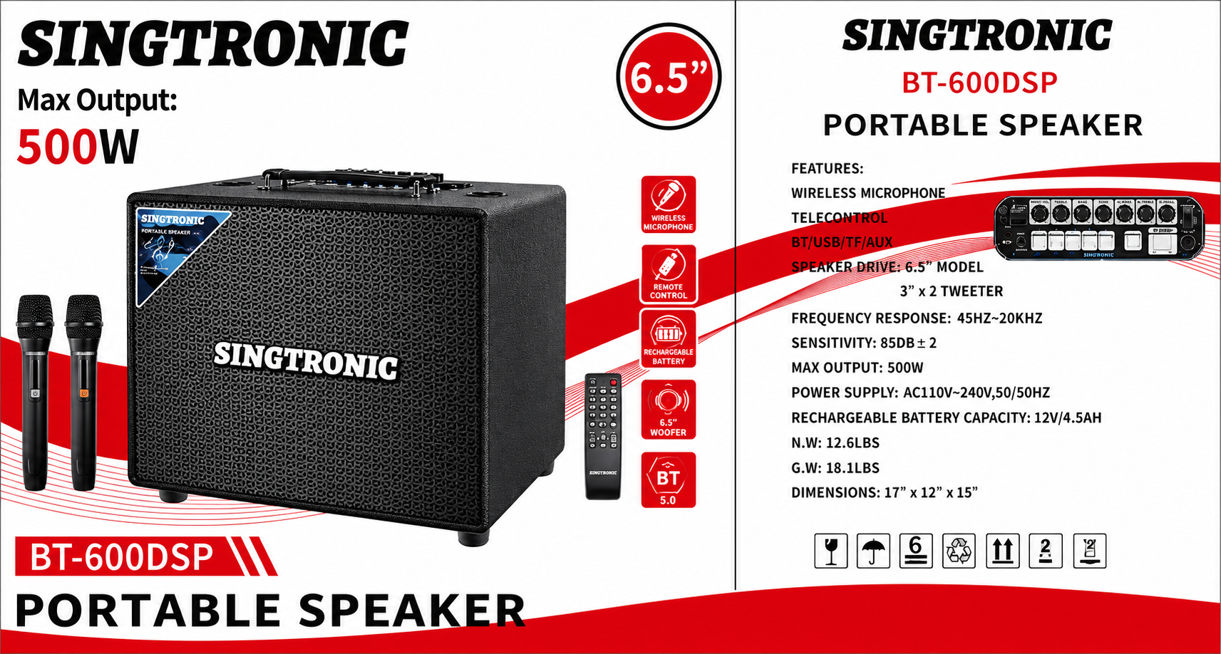 Singtronic BT-600DSP Professional 500W All-in-One Bluetooth Karaoke Speaker Built in DSP