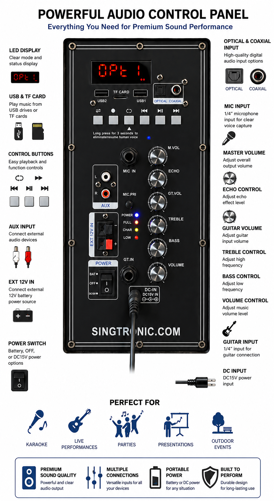 Singtronic BT-888Pro Professional 1000W Powered 12" Bluetooth Speaker Karaoke System