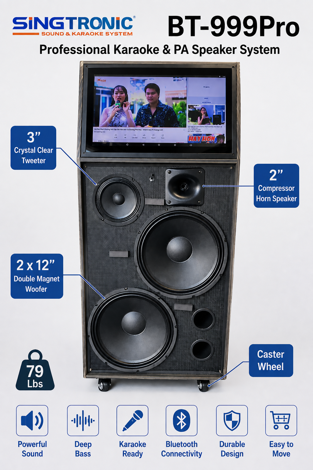 Singtronic BT-999Pro Professional 1500W Powered Double 12" Bluetooth Speaker Karaoke System
