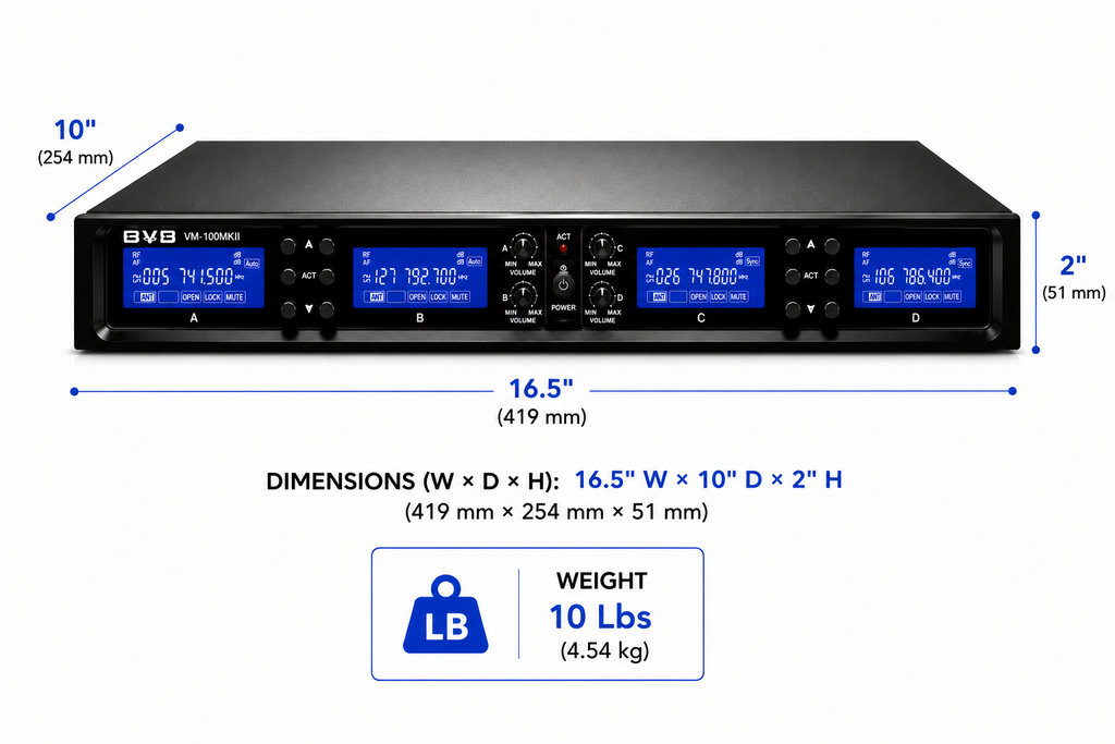 BVB VM-100MKII Professional 4 x UHF Wireless Microphone System