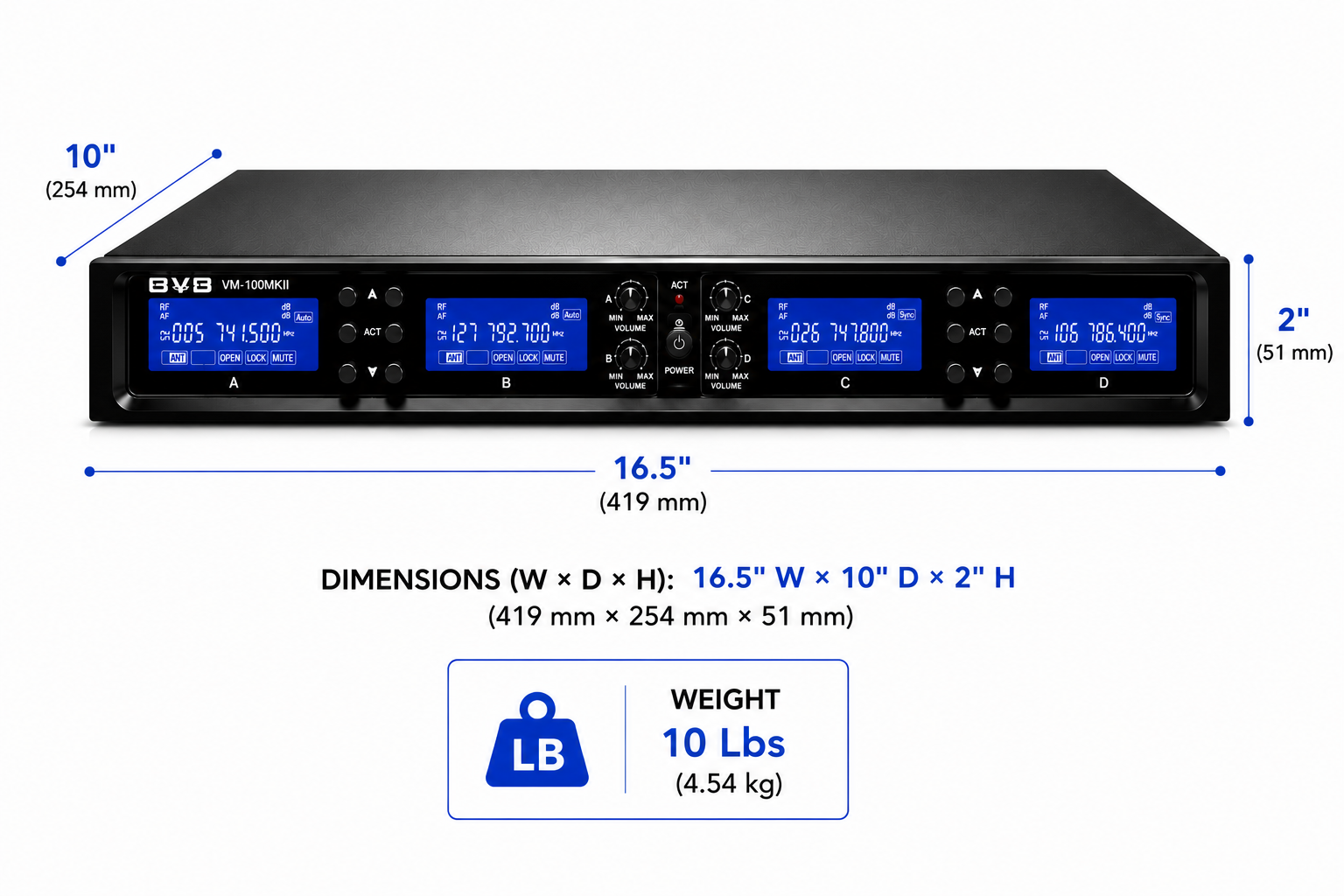 BVB VM-100MKII Professional 4 x UHF Wireless Microphone System