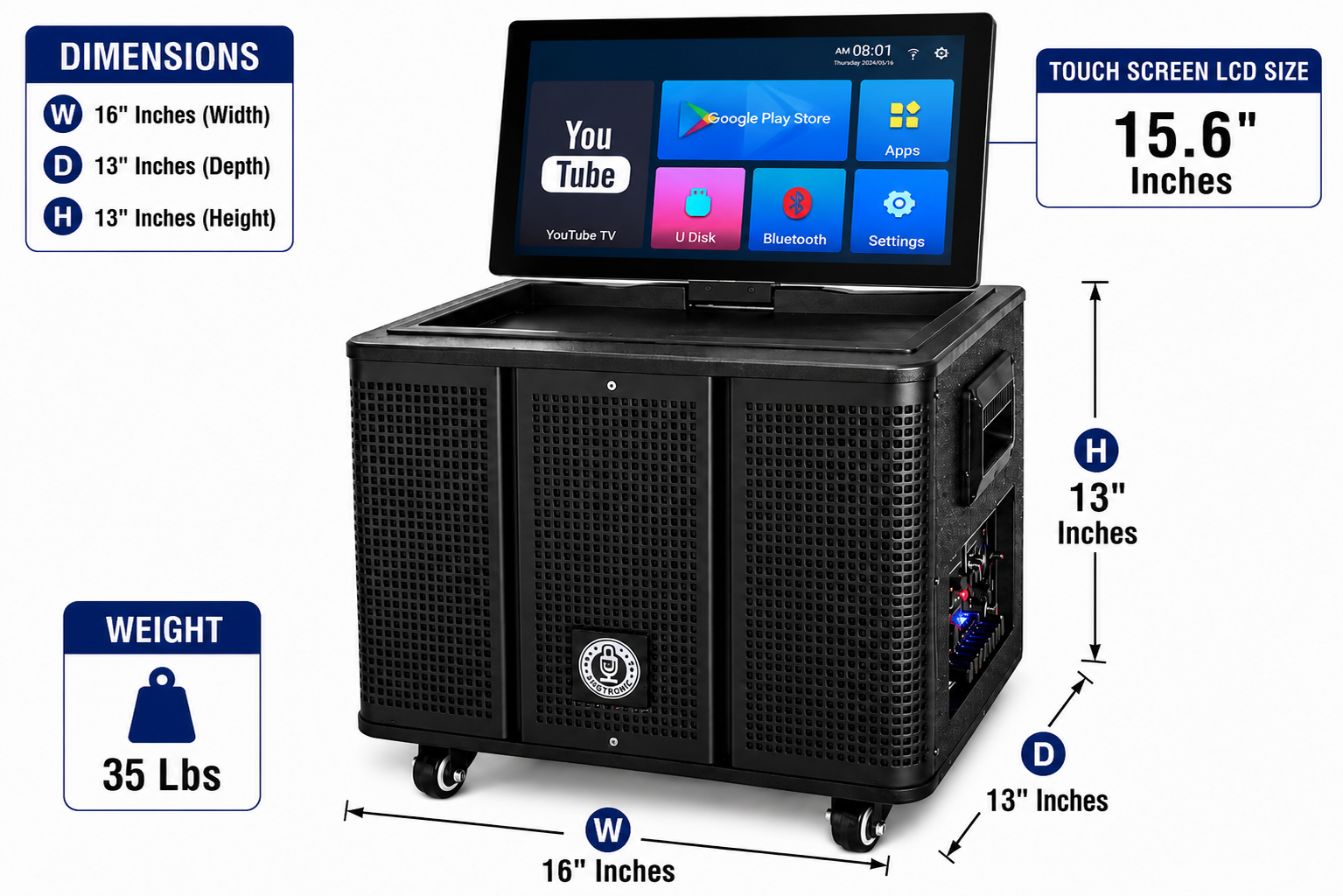Singtronic BT-369Pro Professional 1000W Powered Portable All-in-One Karaoke System 16' Inches Touch Screen