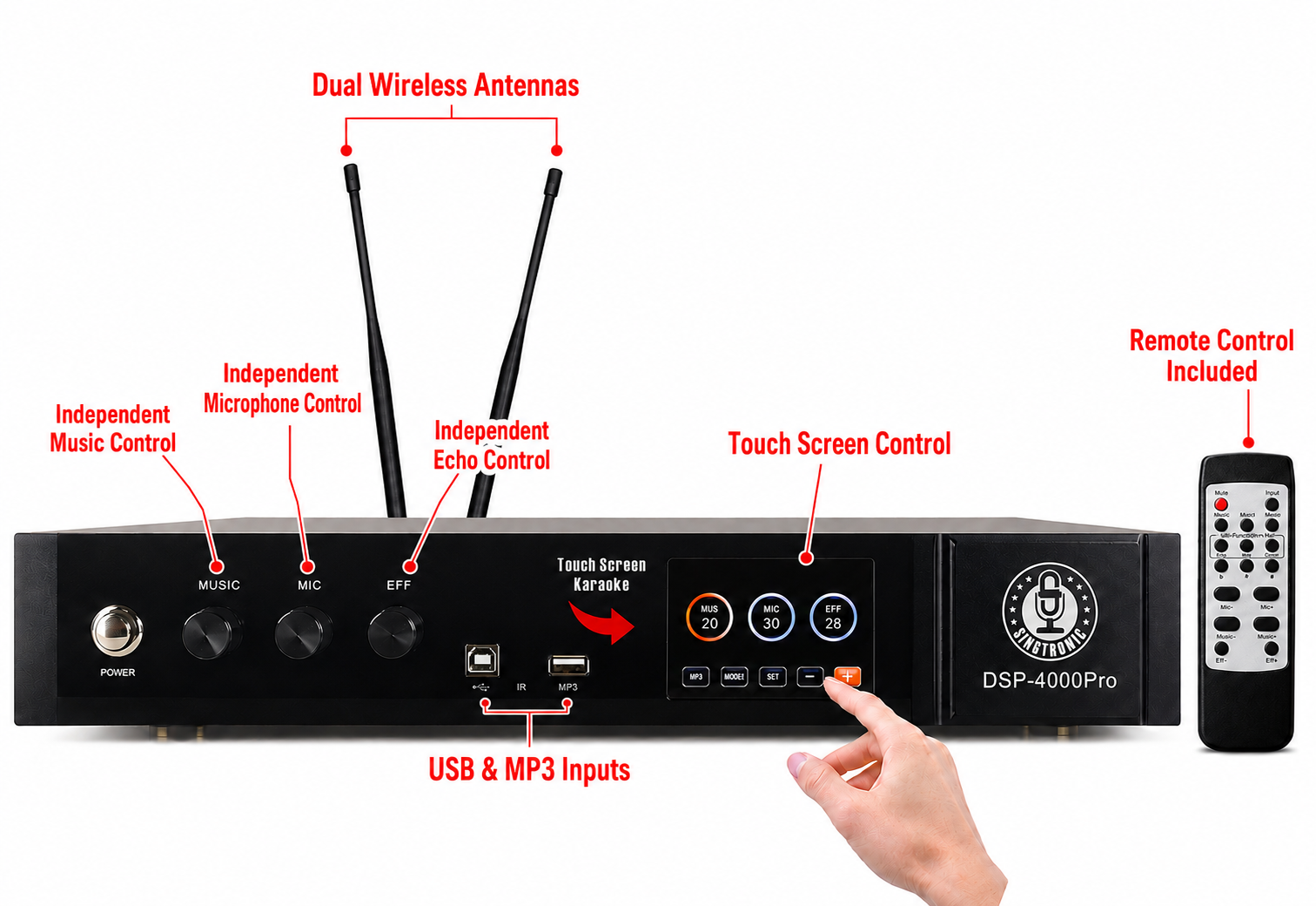 Singtronic DSP-4000Pro Professional Digital Echo Karaoke Mixer Plus 2 x Anti-feedback Wireless Mics.
