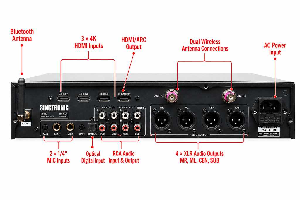 Singtronic DSP-ProM Professional Digital Echo Karaoke Mixer Plus 2 x Anti-feedback Wireless Mics.