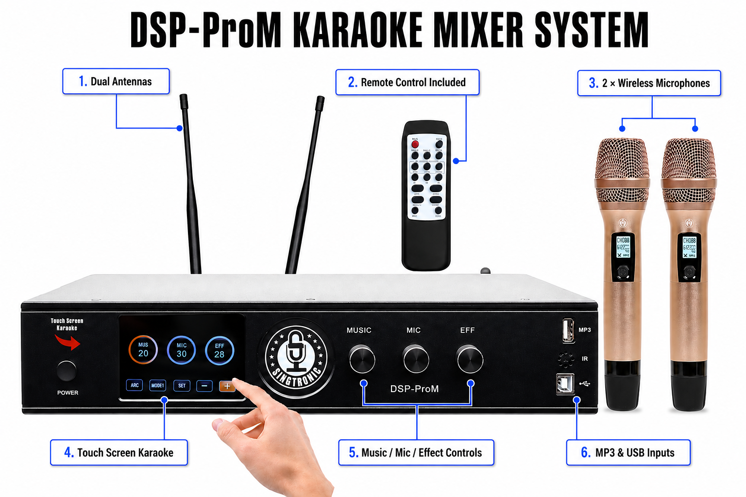 Singtronic DSP-ProM Professional Digital Echo Karaoke Mixer Plus 2 x Anti-feedback Wireless Mics.
