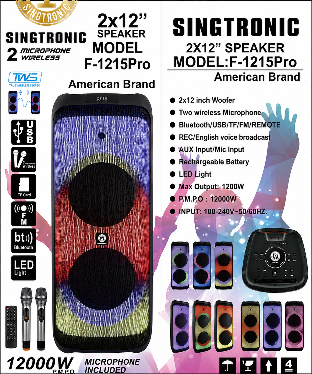 Singtronic F-1215Pro Professional 1200W Powered Bluetooth Karaoke Speaker System