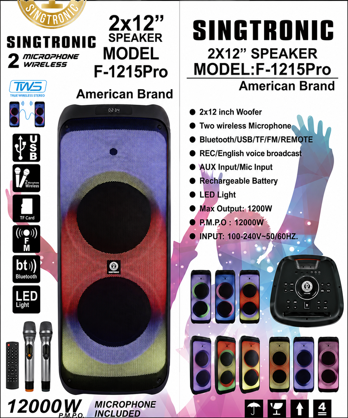 Singtronic F-1215Pro Professional 1200W Powered Bluetooth Karaoke Speaker System