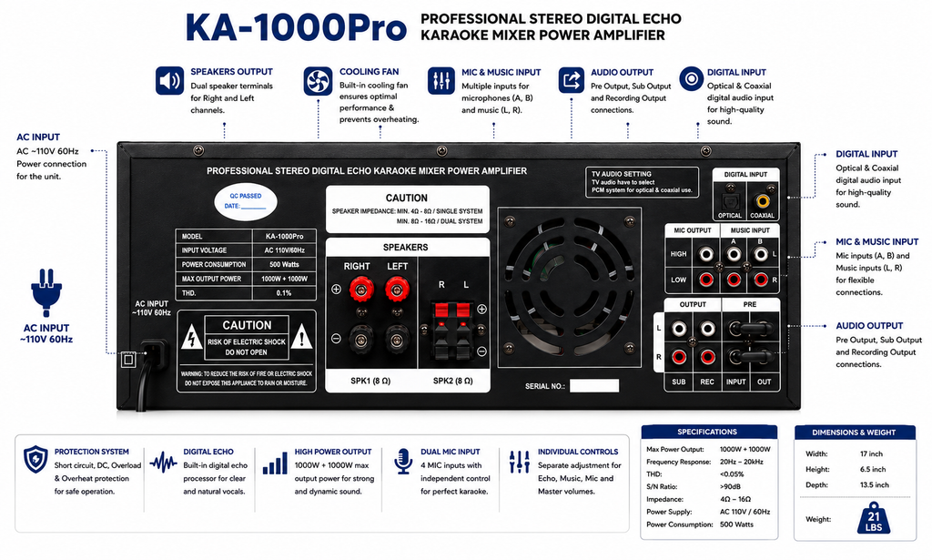 Singtronic KA-1000Pro Professional 2000W Analog Mixing Amplifier Karaoke Built in EQ & Bluetooth
