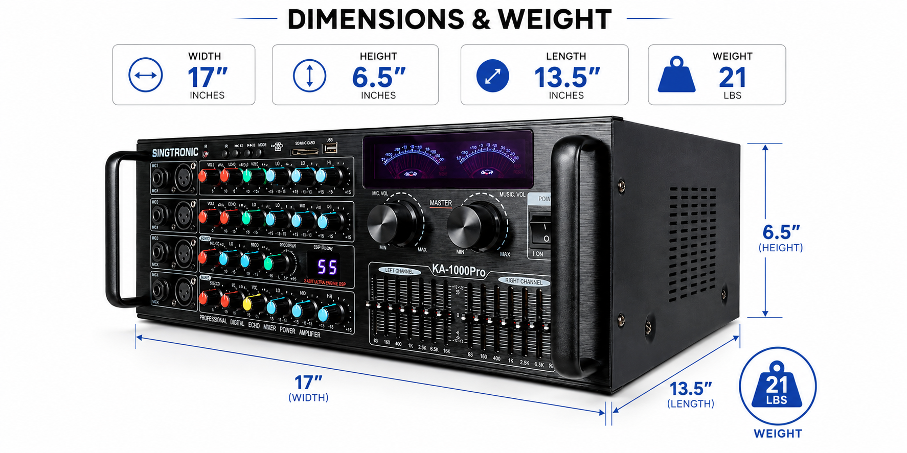 Singtronic KA-1000Pro Professional 2000W Analog Mixing Amplifier Karaoke Built in EQ & Bluetooth