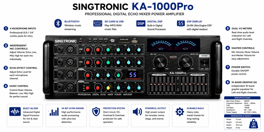 Singtronic KA-1000Pro Professional 2000W Analog Mixing Amplifier Karaoke Built in EQ & Bluetooth