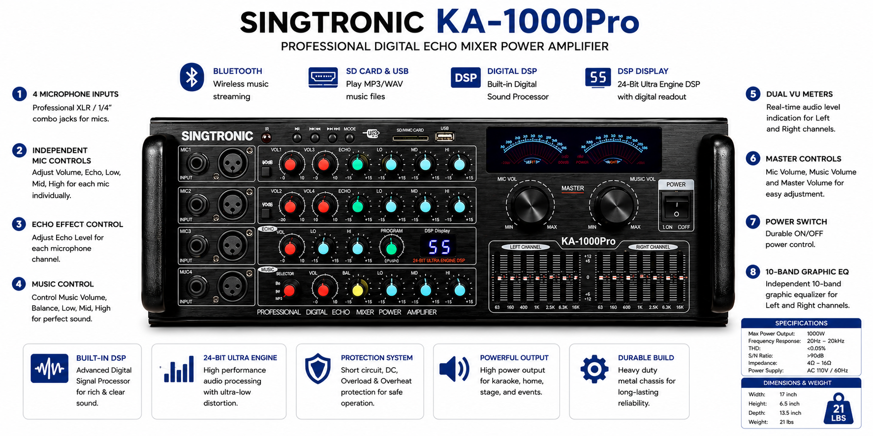 Singtronic KA-1000Pro Professional 2000W Analog Mixing Amplifier Karaoke Built in EQ & Bluetooth