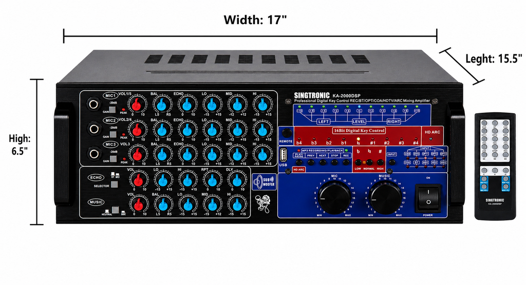 Singtronic KA-2000DSP Professional DJ/KJ 3000W Mixing Amplifier Karaoke HDMI-Arc, Optical & Recording