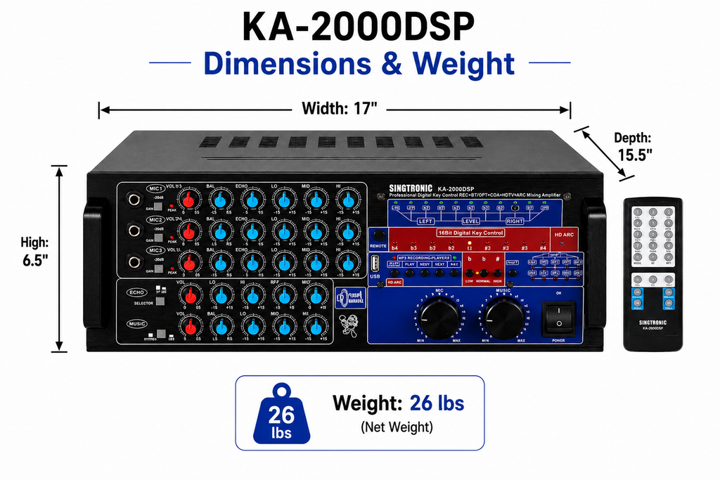 Singtronic KA-2000DSP Professional DJ/KJ 3000W Mixing Amplifier Karaoke HDMI-Arc, Optical & Recording
