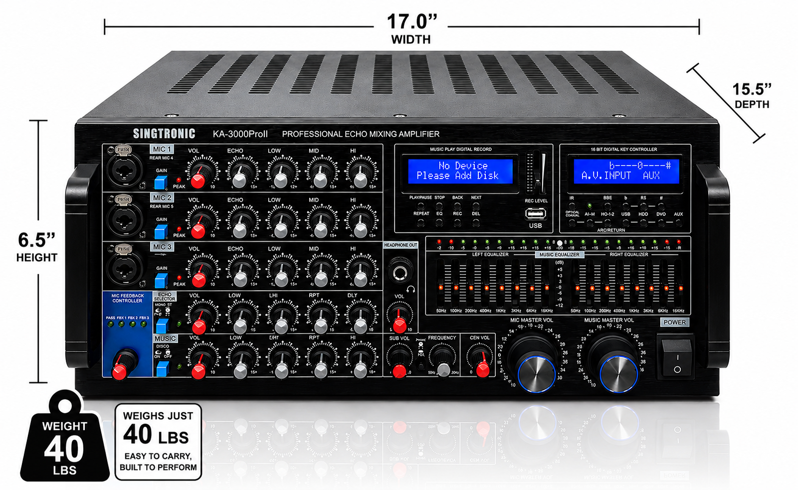 Singtronic KA-3000ProII Professional 3000W Mixing Amplifier Digital HDMI Output, Equalizer & USB Recording