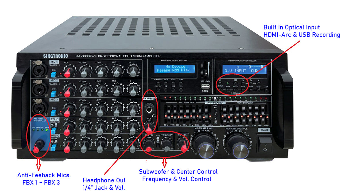 Singtronic KA-3000ProII Karaoke 3000W Amplifier + UHF-3000Pro 2 x Digital Anti-Feedback Wireless Microphone