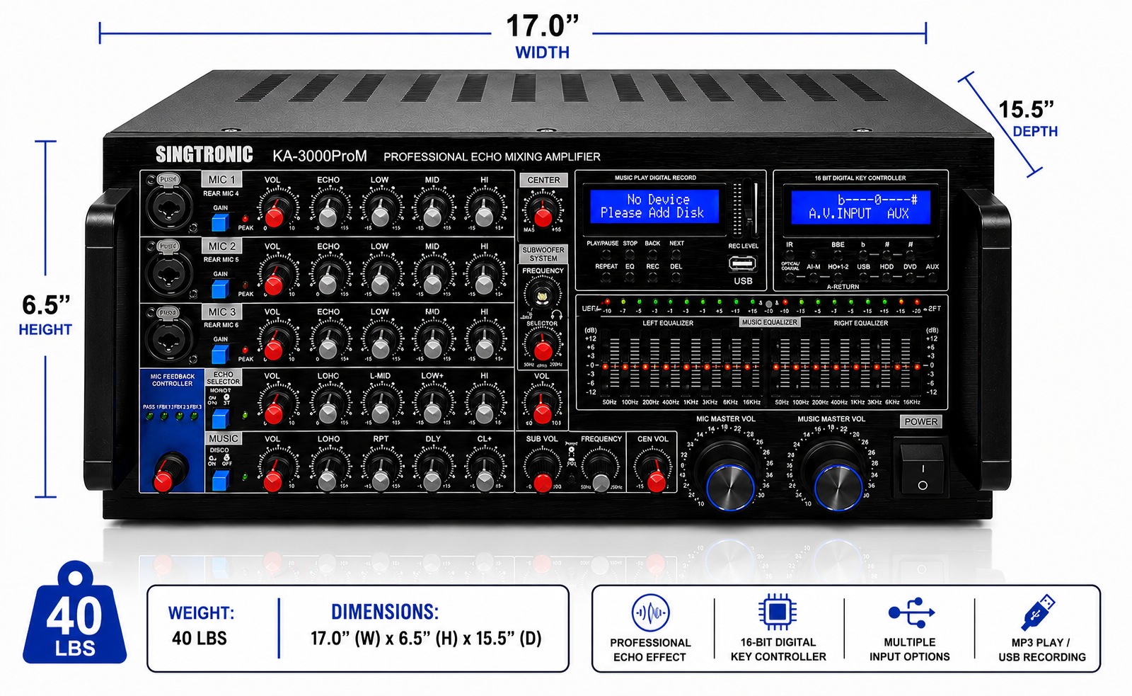 Singtronic KA-3000ProM Professional 3 in 1 KJ/DJ 3000W Mixing Amplifier Equalizer Karaoke & USB Recording