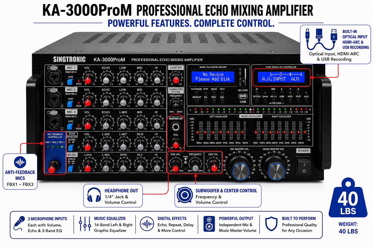 Singtronic KA-3000ProM Professional 3 in 1 KJ/DJ 3000W Mixing Amplifier Equalizer Karaoke & USB Recording