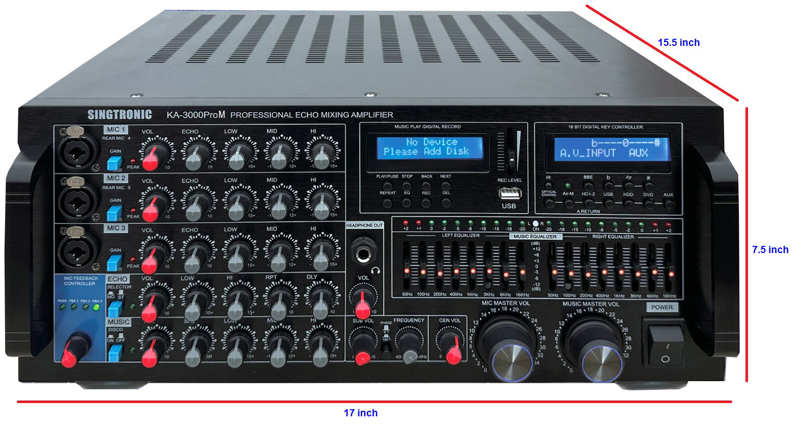 Singtronic KA-3000ProM Professional 3 in 1 KJ/DJ 3000W Mixing Amplifier Equalizer Karaoke & USB Recording
