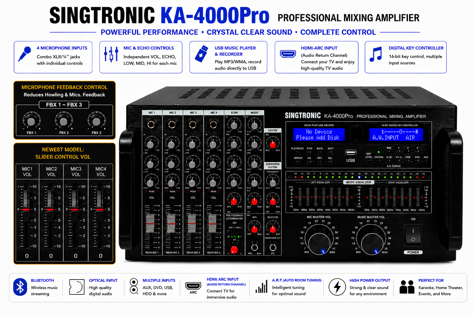 Singtronic KA-4000Pro Professional DJ/KJ 4000W Mixing Amplifier Built in Slider, HDMI-Arc & Recording