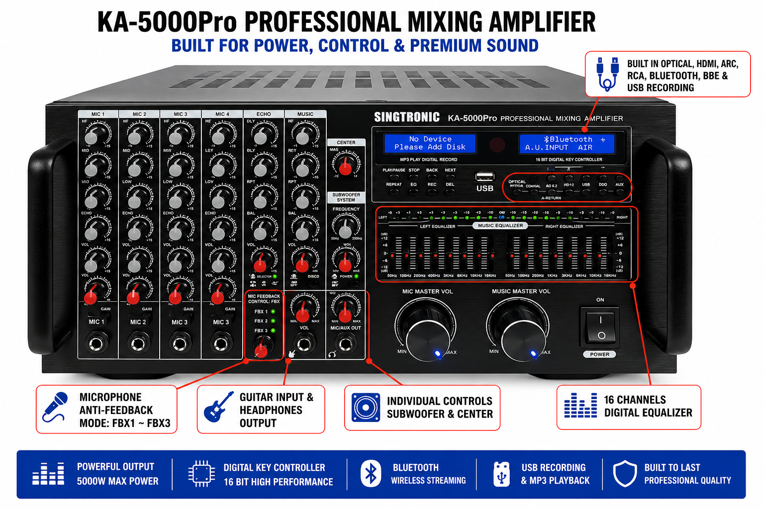 Singtronic KA-5000Pro Professional KJ/DJ 5000W Mixing Amplifier Equalizer & Recording