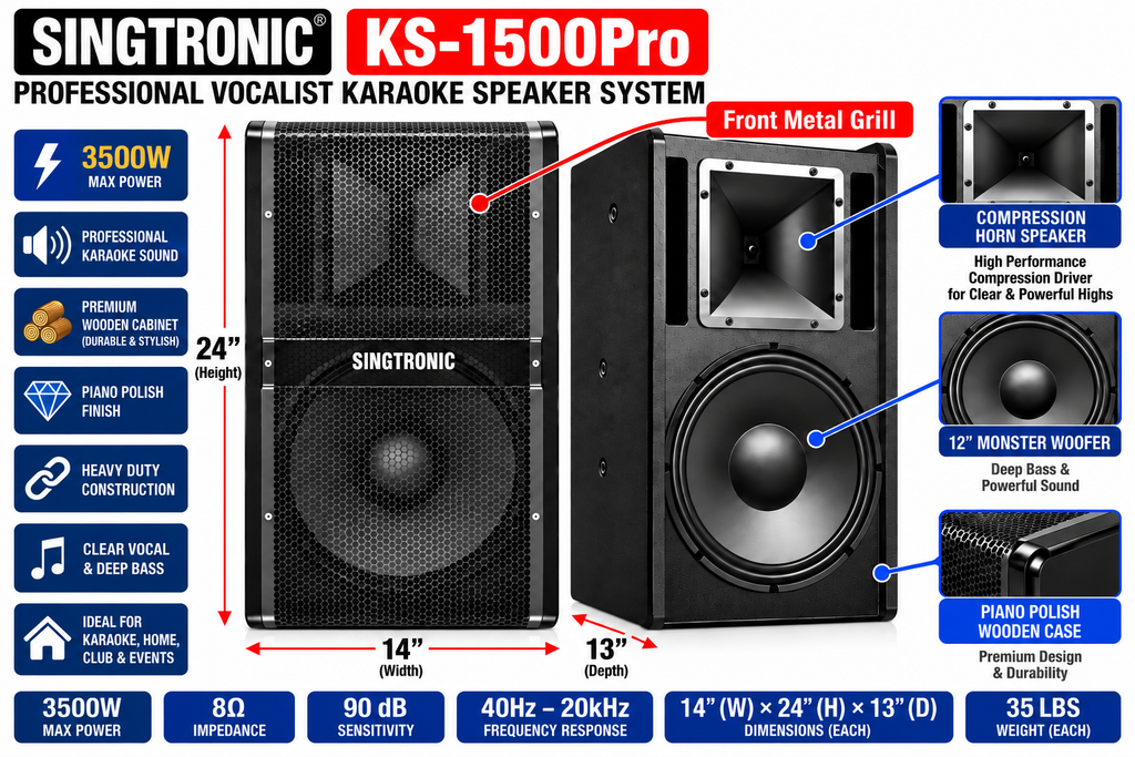 Singtronic KS-1500Pro Professional 3500W Vocalist Karaoke Speaker System (Pair)