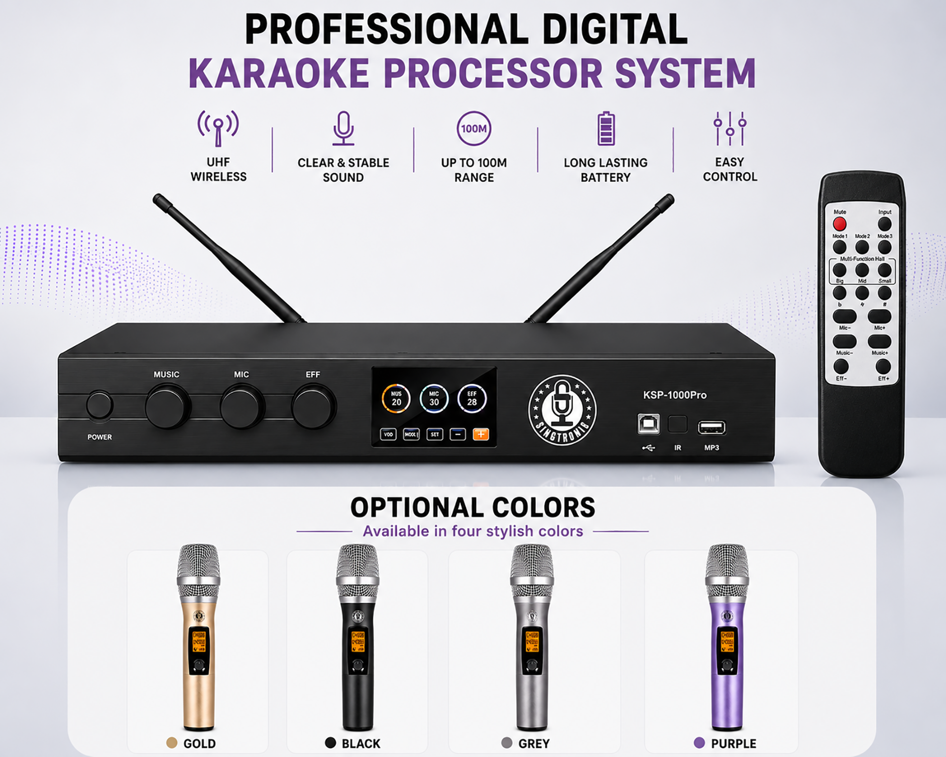 Singtronic KSP-1000Pro Professional 3000W Digital 3 in 1 Karaoke Mixing Amplifier 2 x Anti-feedback Mics.
