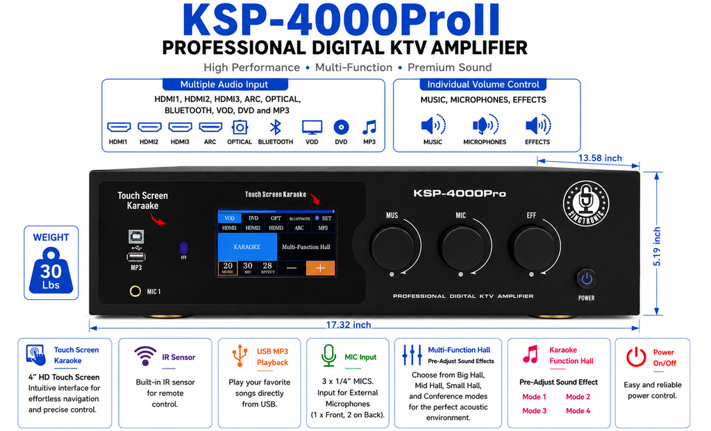 Singtronic KSP-4000ProII Professional 3 in 1 Digital 4000W Karaoke Sound Processor Amplifier Touch Screen