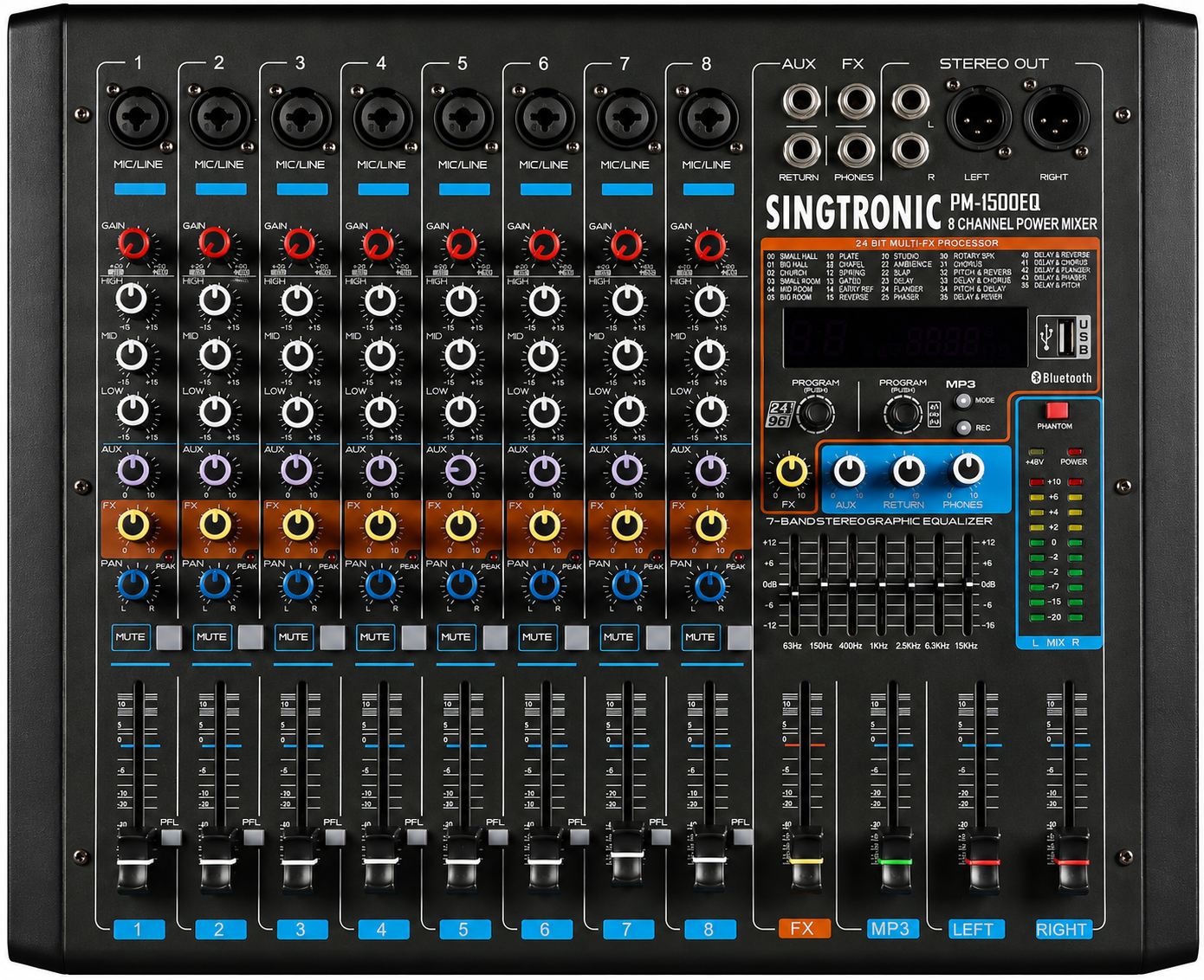 Singtronic PM-1500EQ Professional 3000W Console Board Power Mixer with Equalizer