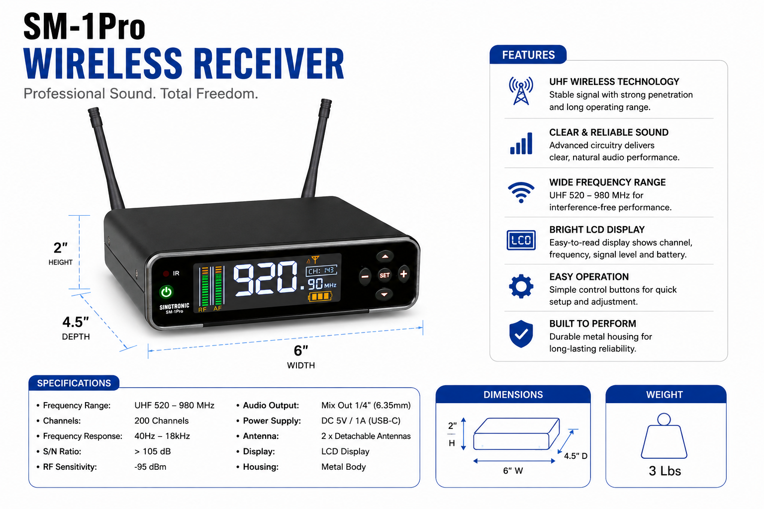 Singtronic SM-1Pro Single Microphone Professional True Diversity Rechargeable Wireless System