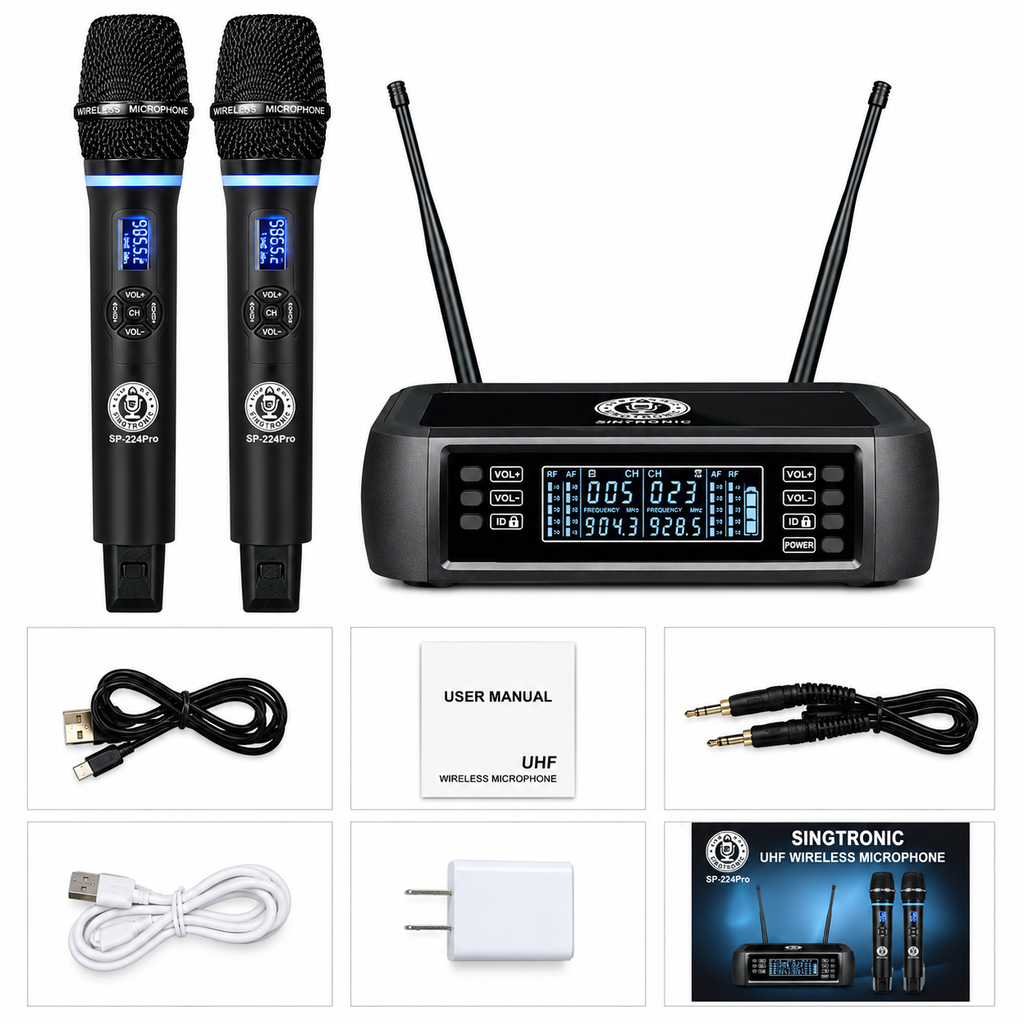Singtronic SP-224Pro Digital 2 x Wireless Microphone Karaoke System Operated 100% by Batteries