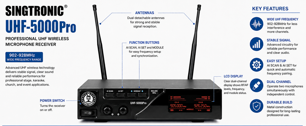 Singtronic True Diversity UHF-5000Pro Professional 900Mhz Dual Wireless Microphone Karaoke