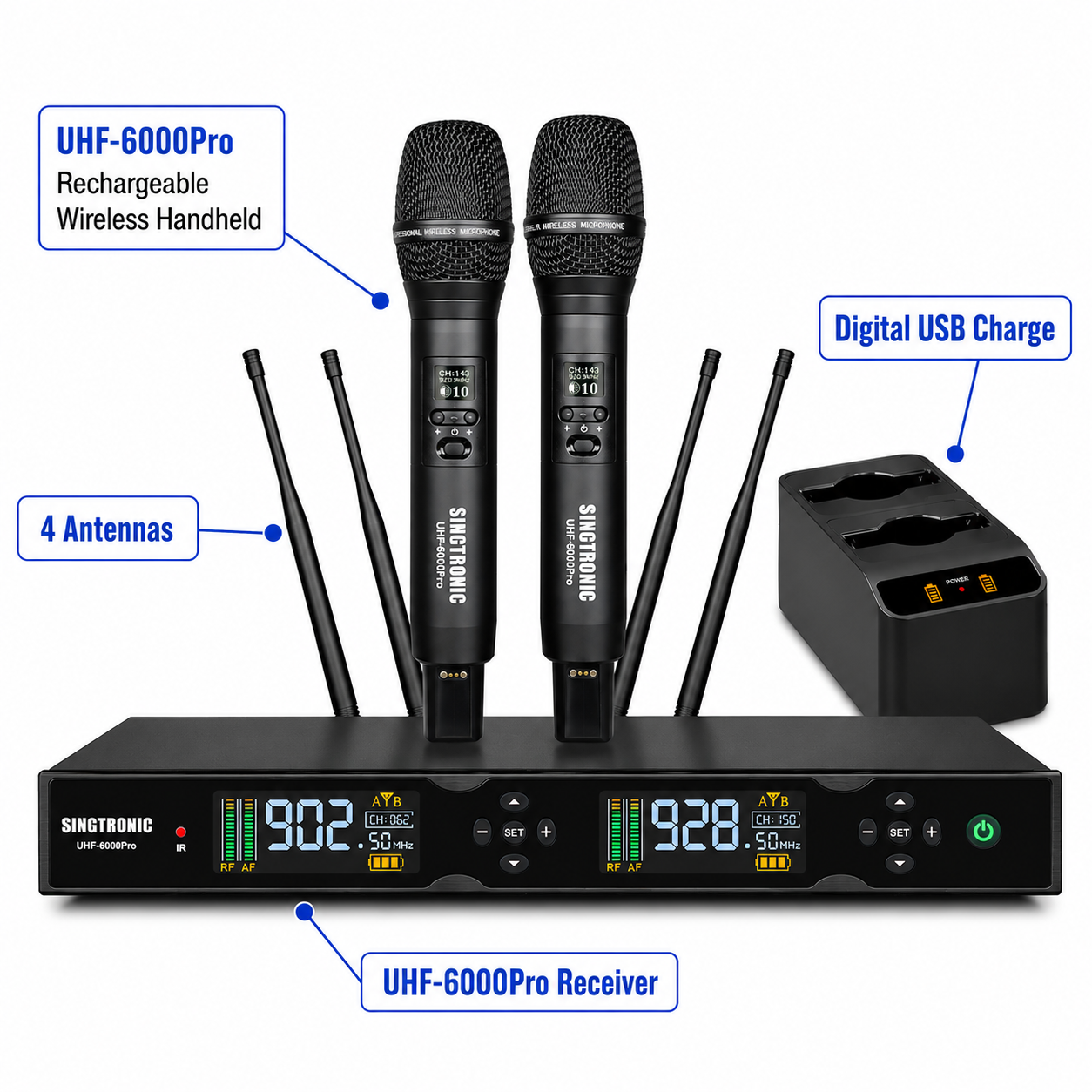Singtronic UHF-6000Pro Professional Rechargeable Digital True Diversity Wireless Microphone System