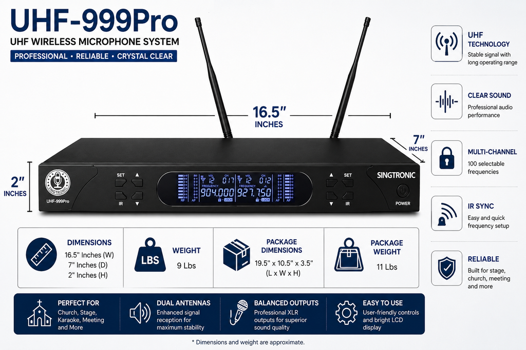 Singtronic UHF-999Pro Professional Dual UHF Rechargeable Wireless Microphones Karaoke System