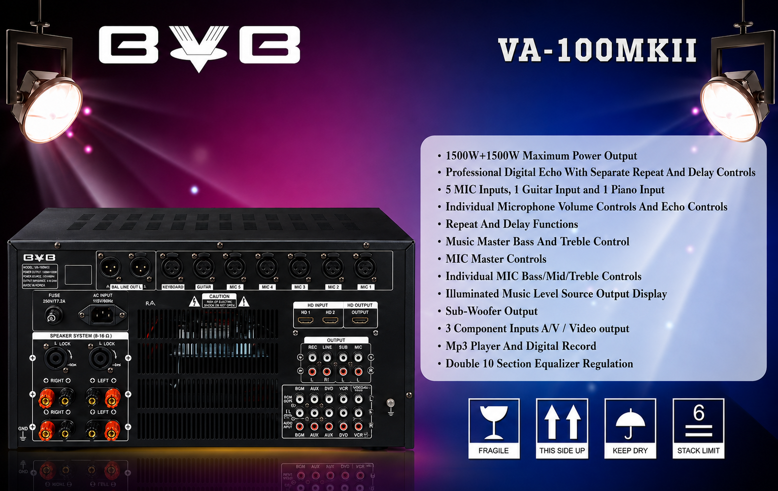 BVB VA-100MKII Professional KJ/DJ 3000W Mixing Amplifier Karaoke Built in Bluetooth & EQ
