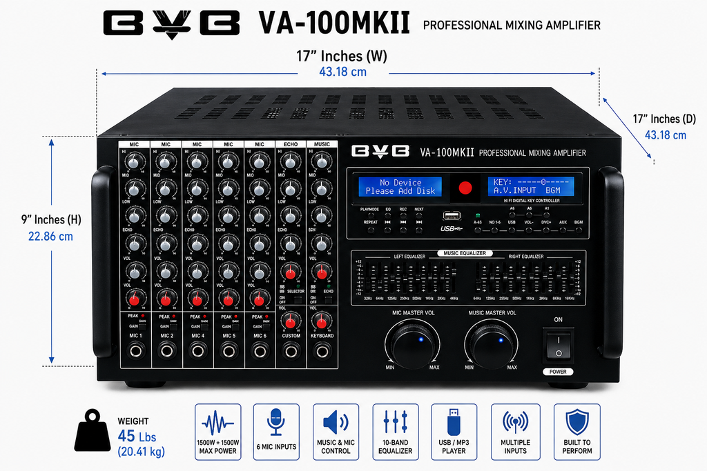 BVB VA-100MKII Professional KJ/DJ 3000W Mixing Amplifier Karaoke Built in Bluetooth & EQ