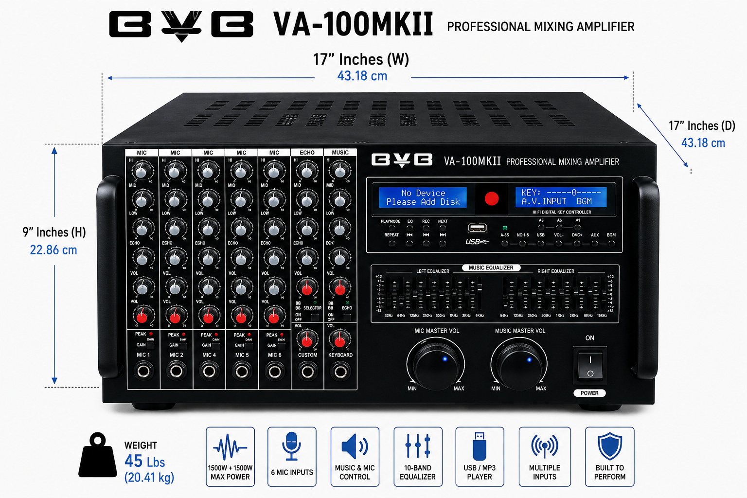 BVB VA-100MKII Professional KJ/DJ 3000W Mixing Amplifier Karaoke Built in Bluetooth & EQ