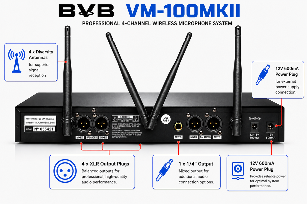 BVB VM-100MKII Professional 4 x UHF Wireless Microphone System